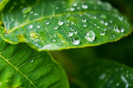 Close-up of a vibrant green leaf with water droplets highlighting its texture in a natural setting