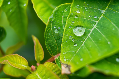 Close-up of a vibrant green leaf with water droplets highlighting its texture in a natural settingの写真素材