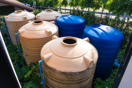 A group of six large water storage tanks in tan and blue colors, arranged outdoors among green foliage and surrounded by vegetationの写真素材
