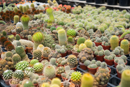 A diverse collection of various cacti and succulents in pots displayed in a greenhouse or garden center settingの写真素材