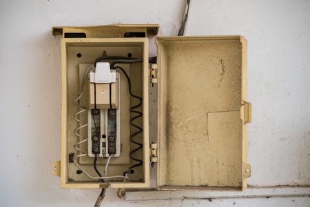 Old and dusty electrical fuse box with open metal cover and exposed internal wiring mounted on a wallの写真素材