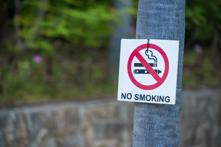 No smoking sign with cigarette symbol crossed out attached to a tree trunk outdoors in a natural or garden settingの写真素材
