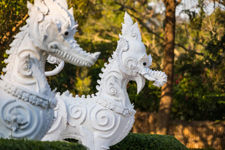 Chiang Mai, Thailand - January, 06, 2026 : Decorative white dragon statues with intricate carvings in an outdoor setting surrounded by green foliage and trees at Chiang Mai Thailand.の写真素材