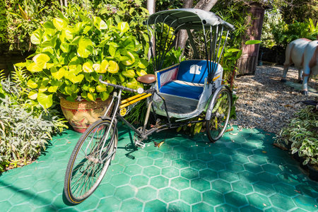 Chiang Mai, Thailand - January, 2026:Vintage Cycle Rickshaw in Garden: An antique cycle rickshaw, with its distinctive canopy, sits amidst a verdant garden setting, a timeless symbol of cultural heritage.の写真素材