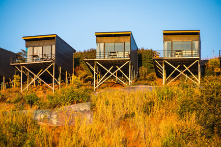 Chiang Mai, Thailand - January, 06, 2026 :Charming homes nestled into the side of a lush mountain, blending seamlessly with the vibrant green environment. Offering a serene view of nature.の写真素材