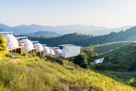 Chiang Mai, Thailand - January, 06, 2026 :Scenic Dome Structures: capturing the essence of luxury accommodation nestled atop a majestic hillside with breathtaking landscape at Chiang Mai Thailand.の写真素材