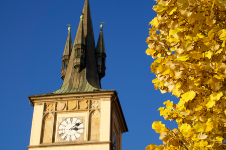 Prague Clock Tower in Autumnの写真素材