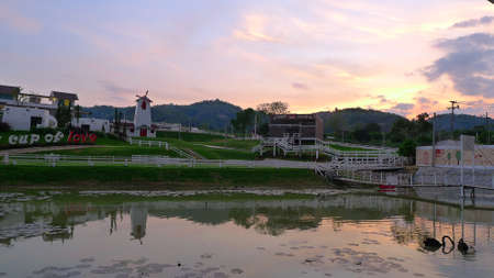 At the coffee shop , the sun will set.の写真素材