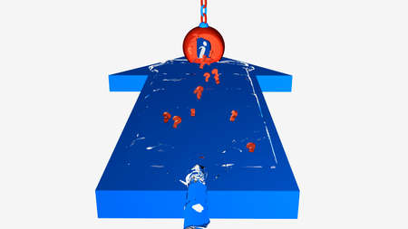 In a blue arrow, a water wave with question marks to an infopoint. 3d illustrationの写真素材