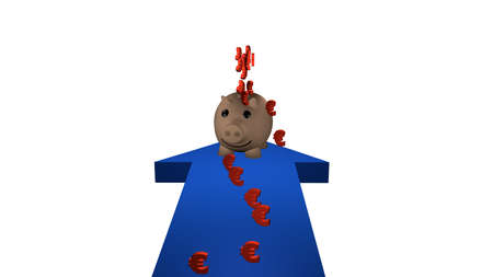 Over a blue arrow flying Euros in a piggy bank. 3d illustrationの写真素材