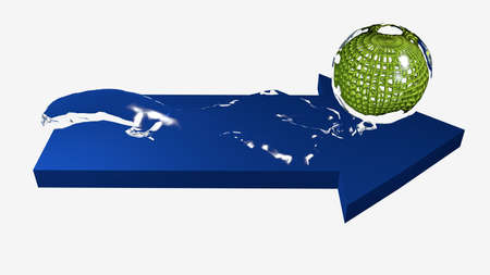 A water wave flows over a blue arrow and surrounds a sphere. 3d illustration on white backgroundの写真素材