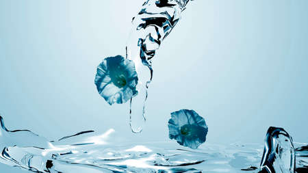 Flowing water with flowers, colors in blue. 3d illustrationの写真素材