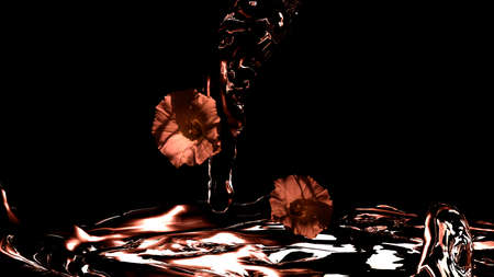 Flowing water with flowers, colors in red. 3d illustrationの写真素材