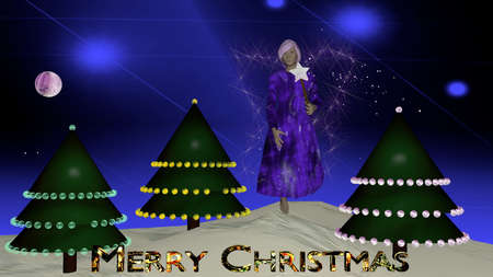 Christmas fairy in purple with radiant wings in front of Christmas trees with the text Merry Christmas. Christmas picture as 3d illustrationの写真素材