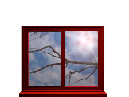 Autumnal window in red, looking at a bare branch and strong sunlight. 3d illustrationの写真素材
