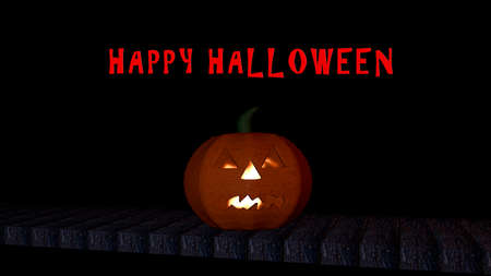 Bright halloween pumpkin with the text "Happy Halloween" on black background. 3d illustrationの写真素材