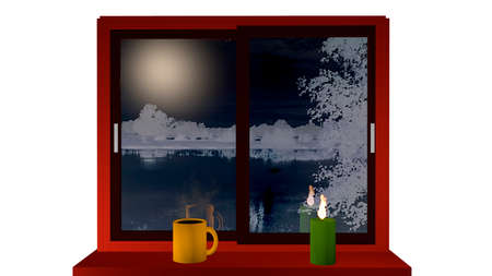 Window with a view of a nightly snow landscape. On the windowsill stands a steaming coffee cup and a burning candle. 3d illustrationの写真素材