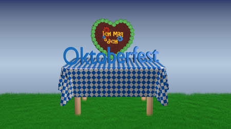 Table with blue and white checkered blanket on which a gingerbread heart with German text "I like you" stands and the text "Oktoberfest" in German. 3d illustrationの写真素材