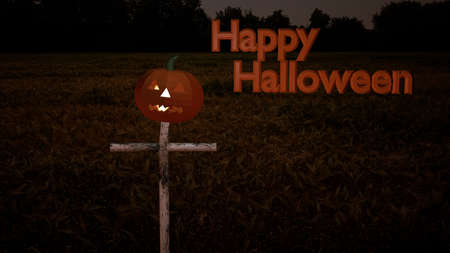Happy halloween text with pumpkin lantern on a cornweld. 3d illustrationの写真素材