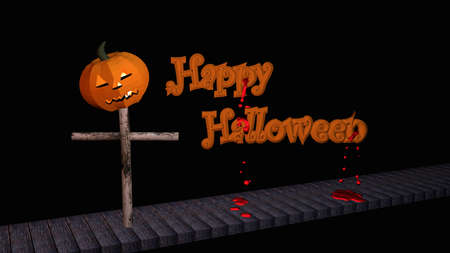 Happy Halloween text with pumpkin lantern on a wooden walkway. 3d illustration on black backgroundの写真素材