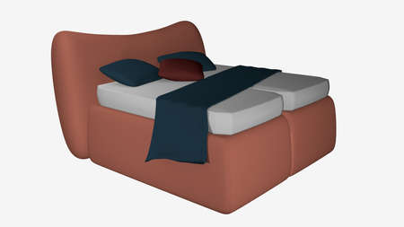 Decorative salmon colored double bed with pillow and blanket as decoration. 3d rendering isolated on whiteの写真素材