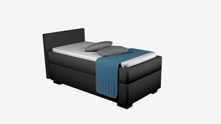 Modern single bed in gray with pillow and ceiling as decoration. 3d rendering isolated on whiteの写真素材