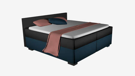 Double bed in turquoise and gray with pillow and blanket as decoration. 3d rendering isolated on whiteの写真素材