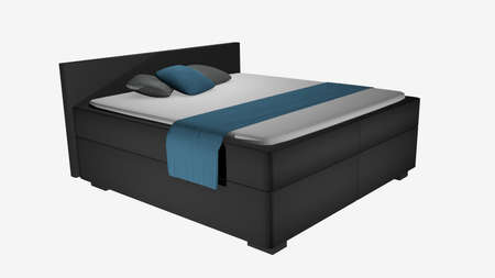 Gray double bed in side view with pillow and blanket as decoration. 3d rendering isolated on whiteの写真素材