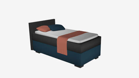 Gray-turquoise single bed in side view with pillow and blanket as decoration. 3d rendering isolated on whiteの写真素材