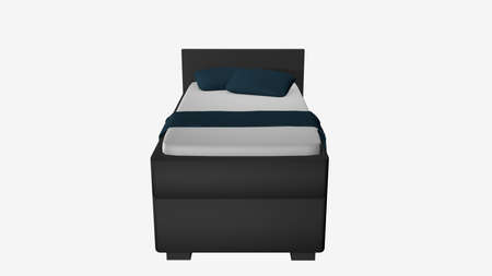 Gray single bed in front with pillow and blanket as decoration. 3d rendering isolated on whiteの写真素材