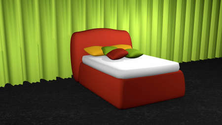 Red boxspring bed with cushions in front of an apple green curtain on black carpet floorの写真素材