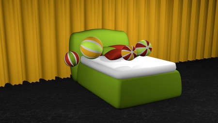 Apple green box spring on black carpet floor in front of yellow curtains with softballs and pillows. 3d renderingの写真素材