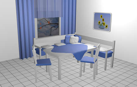 Seating corner for the kitchen in blue and white with pillows, murals and windows with curtains. 3d renderingの写真素材