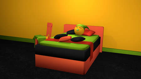 Stylish bed in bold colors with decorative chair and sleeping emoticon on black floor in front of orange-yellow wall. 3d renderingの写真素材