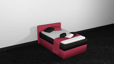 Modern bed in blackberry black from side view with pillow and blanket for decoration on black carpet floor against white wall. 3d renderingの写真素材