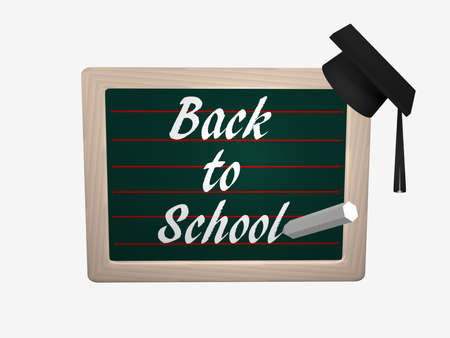 Slateboard with the text Back to School where a high school hat hangs. 3d rendering isolated on whiteの写真素材
