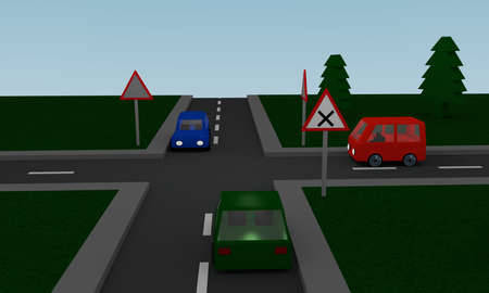 Crossroads with road signs and cars. 3d Renderingの写真素材