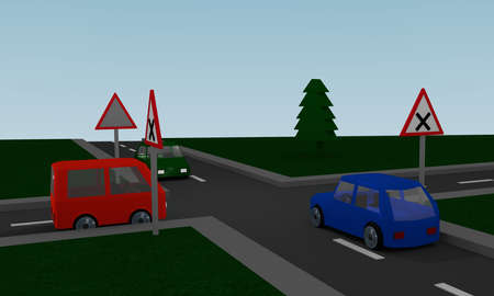 Crossroads with road signs and colored cars. 3d Renderingの写真素材