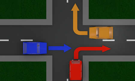 Road crossing with cars and directional arrows. View from above. 3d Renderingの写真素材