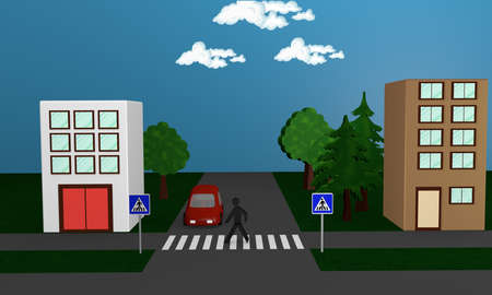 Road image with a pedestrian crossing a road. Front view. 3d renderingの写真素材