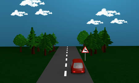 Road with car on which the traffic sign stands wild change. 3d renderingの写真素材