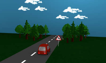 Country road at which the traffic sign wild change in front of a forest stands. 3d renderingの写真素材