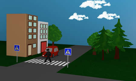 Road image with a pedestrian crossing a road. Side view. 3d renderingの写真素材