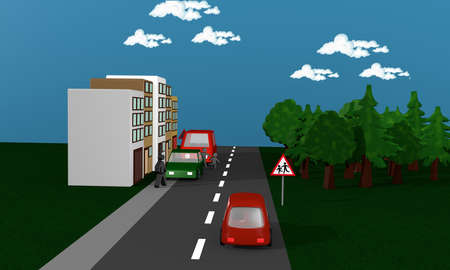 Road with cars between which children run on the street. With the German danger sign children. 3d renderingの写真素材