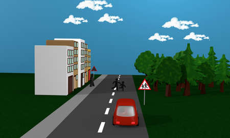 Road with children running across the street. With the German danger sign children. 3d renderingの写真素材