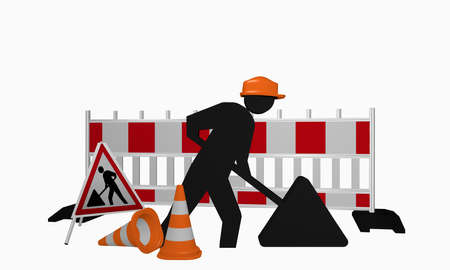 Construction site males with construction site sign and traffic cone, front view. 3d renderingの写真素材