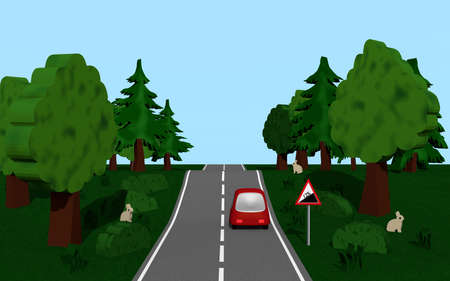 Highway with road sign slope, car, trees and bunny 3d Renderの写真素材