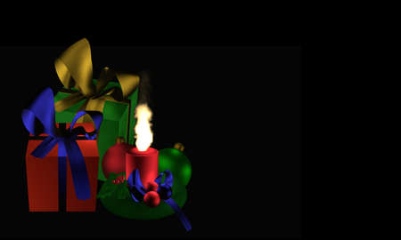 Moody Christmas image with presents and burning candle on black background. 3d renderingの写真素材
