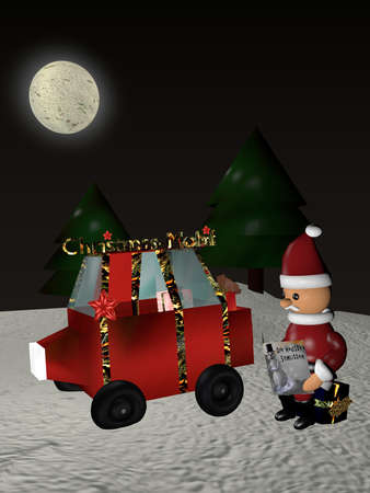 Santa Claus sits next to his flat-wheeled car on a gift and reads in a magazine with a sled. Text on the newspaper "The latest sleigh" in German. 3d renderingの写真素材