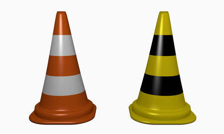 Traffic cone for securing the danger point in orange-white and yellow-black. 3d Renderingの写真素材